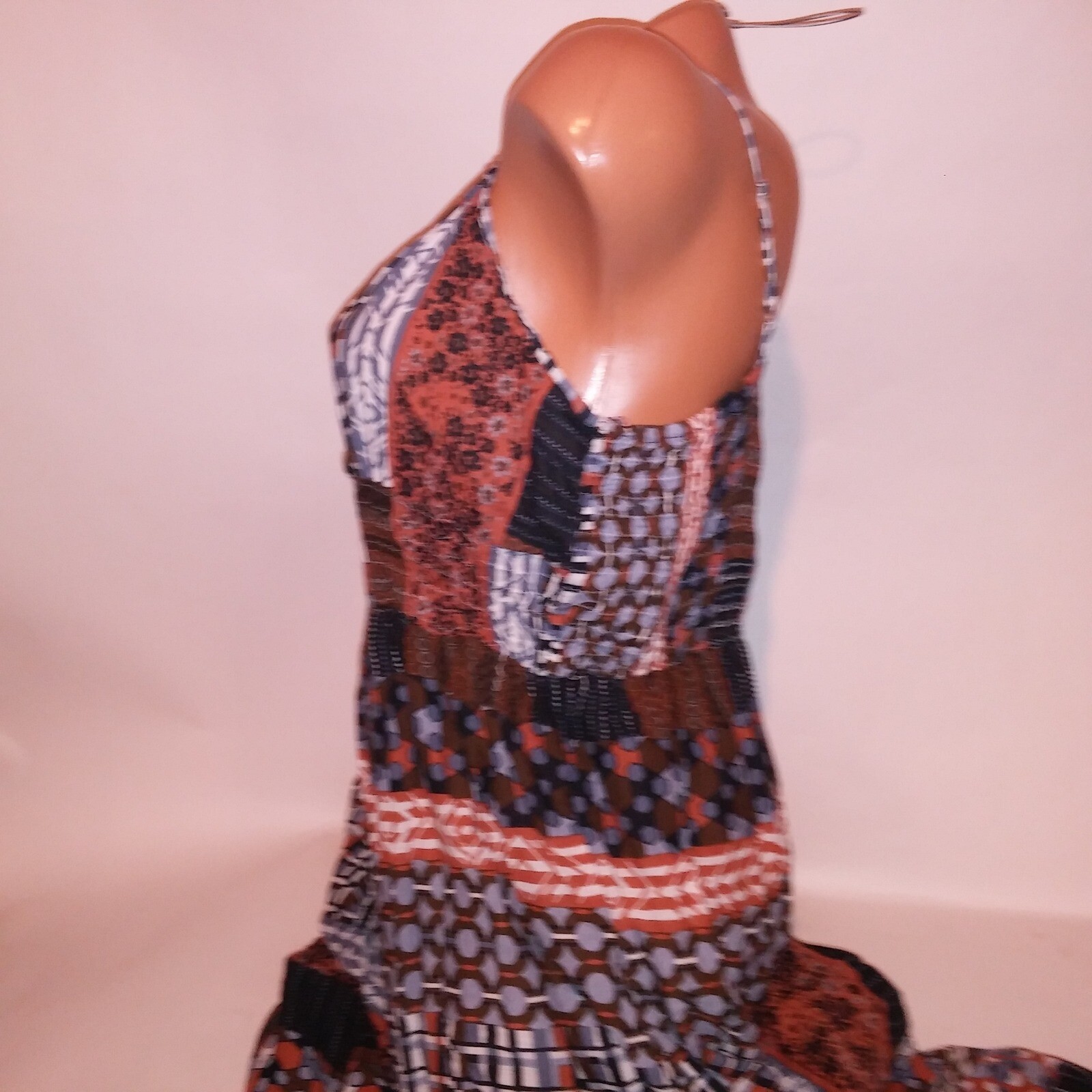 K Trixx Sun Dress Maxi Large Brown Blue White Smocked Sleeveless