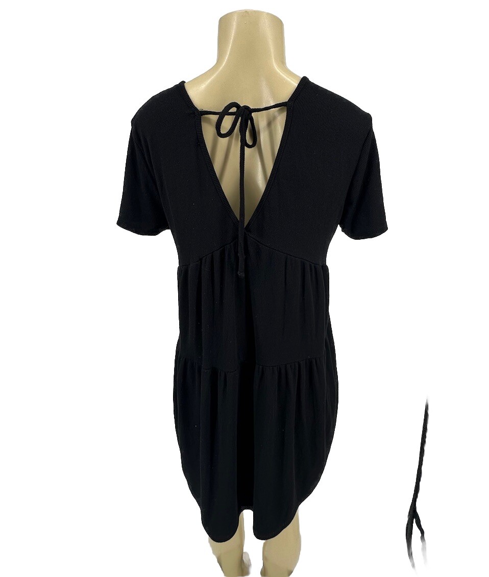 21 Saints Medium Tiered Shift V-Neck Mini Short Sleeve Dress Cover Up Black D12v