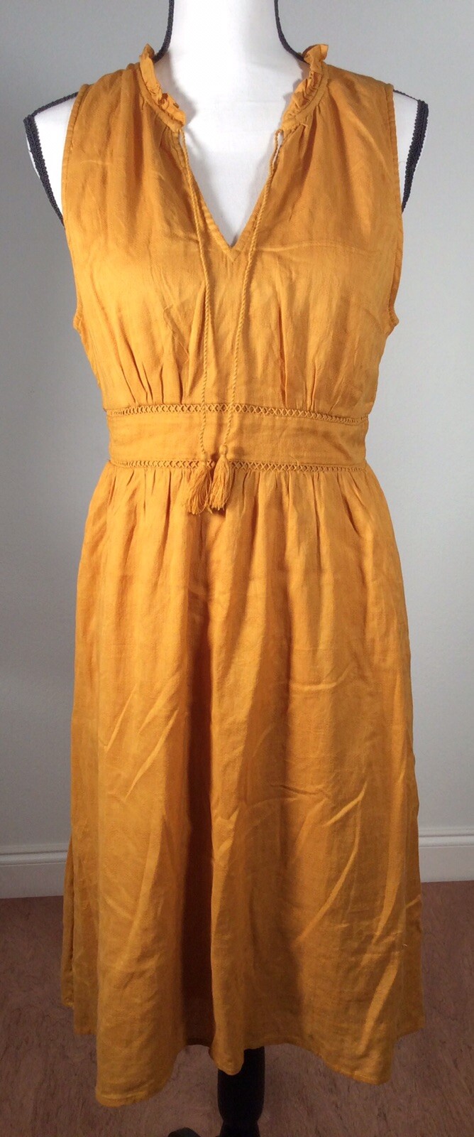 Old Navy DRESS MEDIUM P Waist-defined Ruffled Tie-Neck Gold Hi-Low Midi – NEW