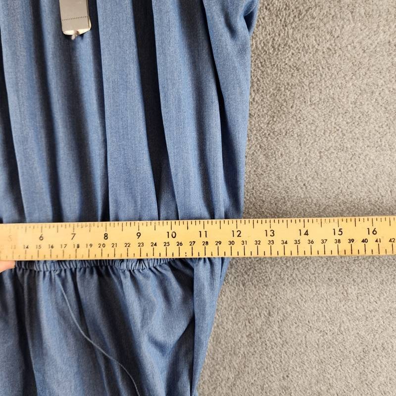 T Tahari Tiered Fit & Flare Halter Maxi Dress Womens M Denim Belted Button Strap