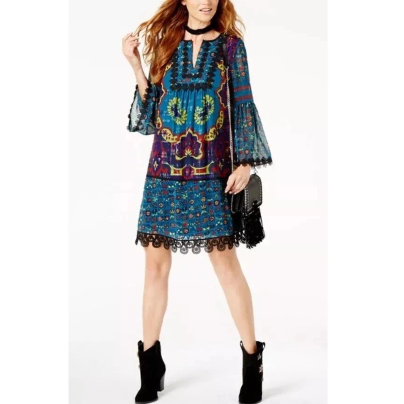 Anna Sui Teal Blue Boho Floral Crochet Lace Bell Sleeve Dress S Silk Details