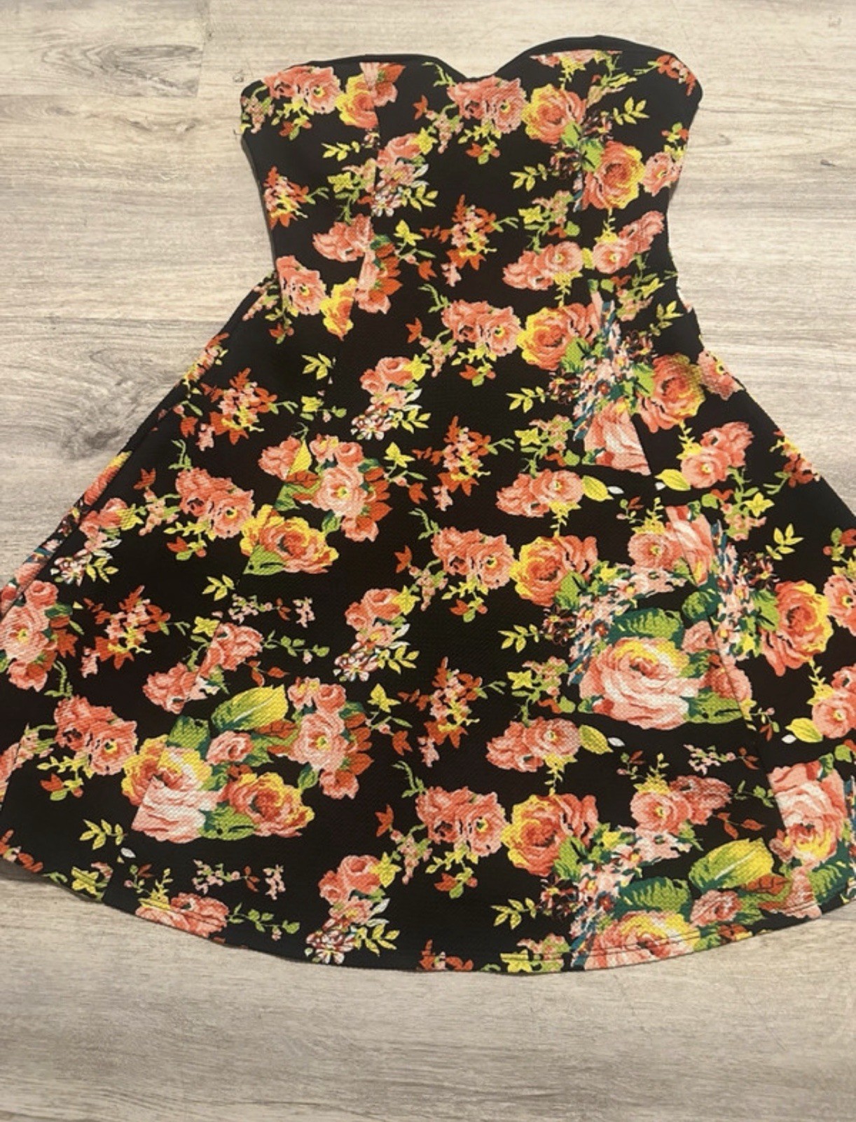 Women’s Black Floral Strapless Sweetheart Fit & Flare Short Dress S/M Regular