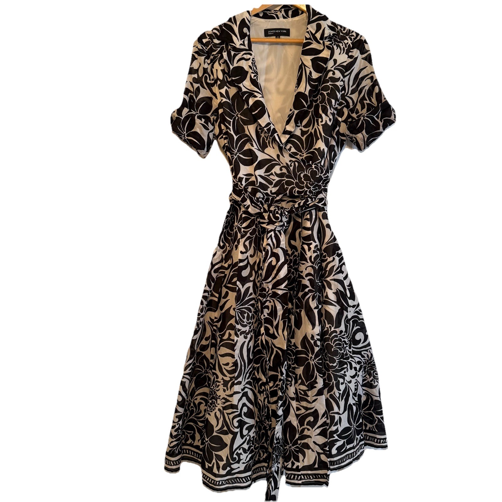 Jones New York Womens 100% Cotton Midi Wrap Dress 14 Black & White Tropical