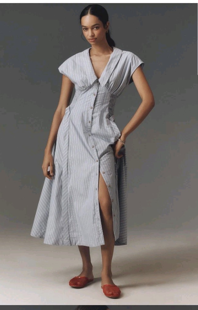 Anthropologie Tobie Button Front Pleated Shirt dress Size 2X Stripe Cottage Blue