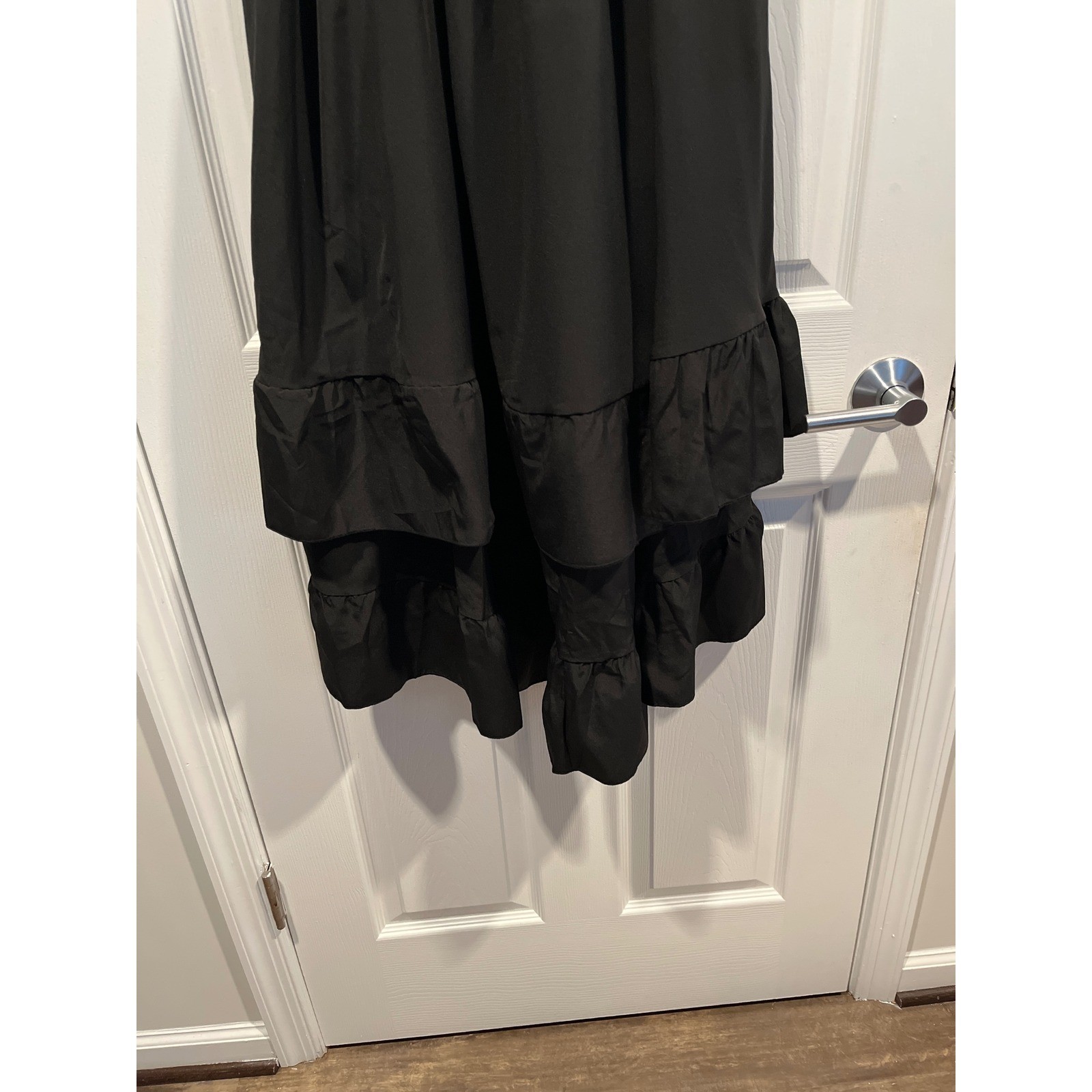 Black Ruffle Tiered Midi Dress Smocked Back High Low Asymmetrical Hem Sleeveless
