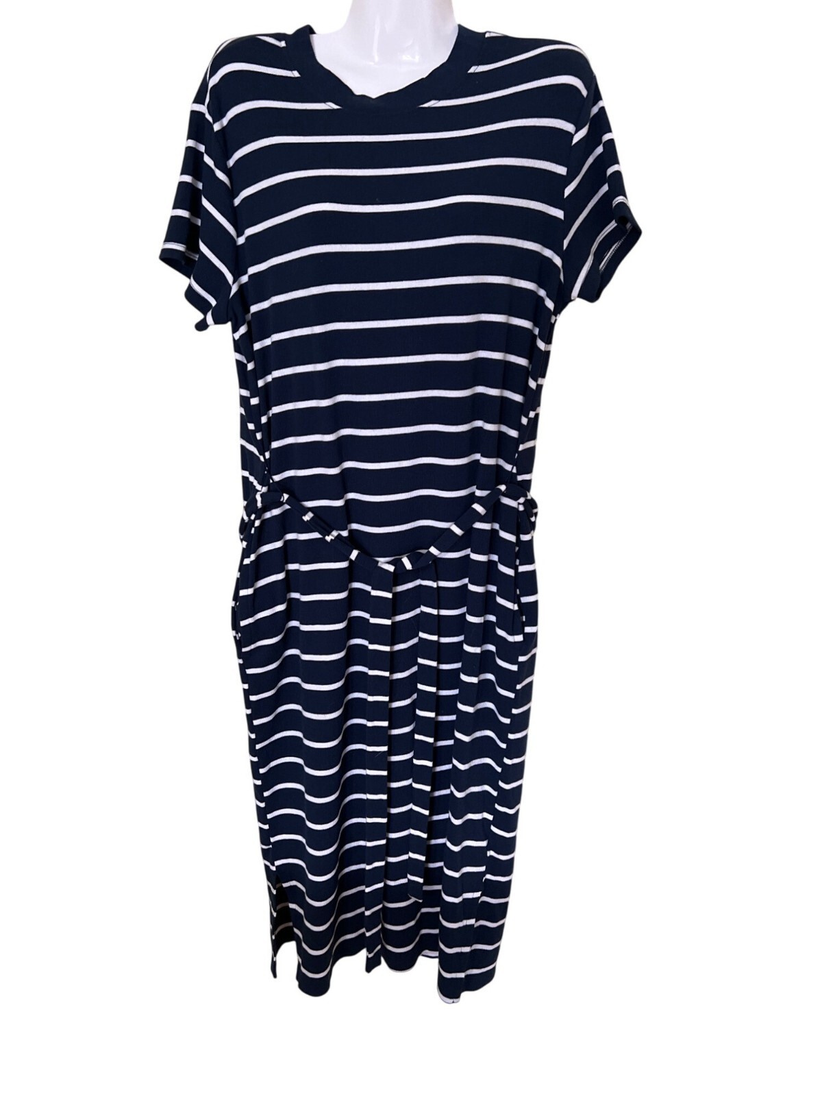 Time & Tru Navy & White Striped T-Shirt Dress L/G (12-14) Cotton Blend Vacation