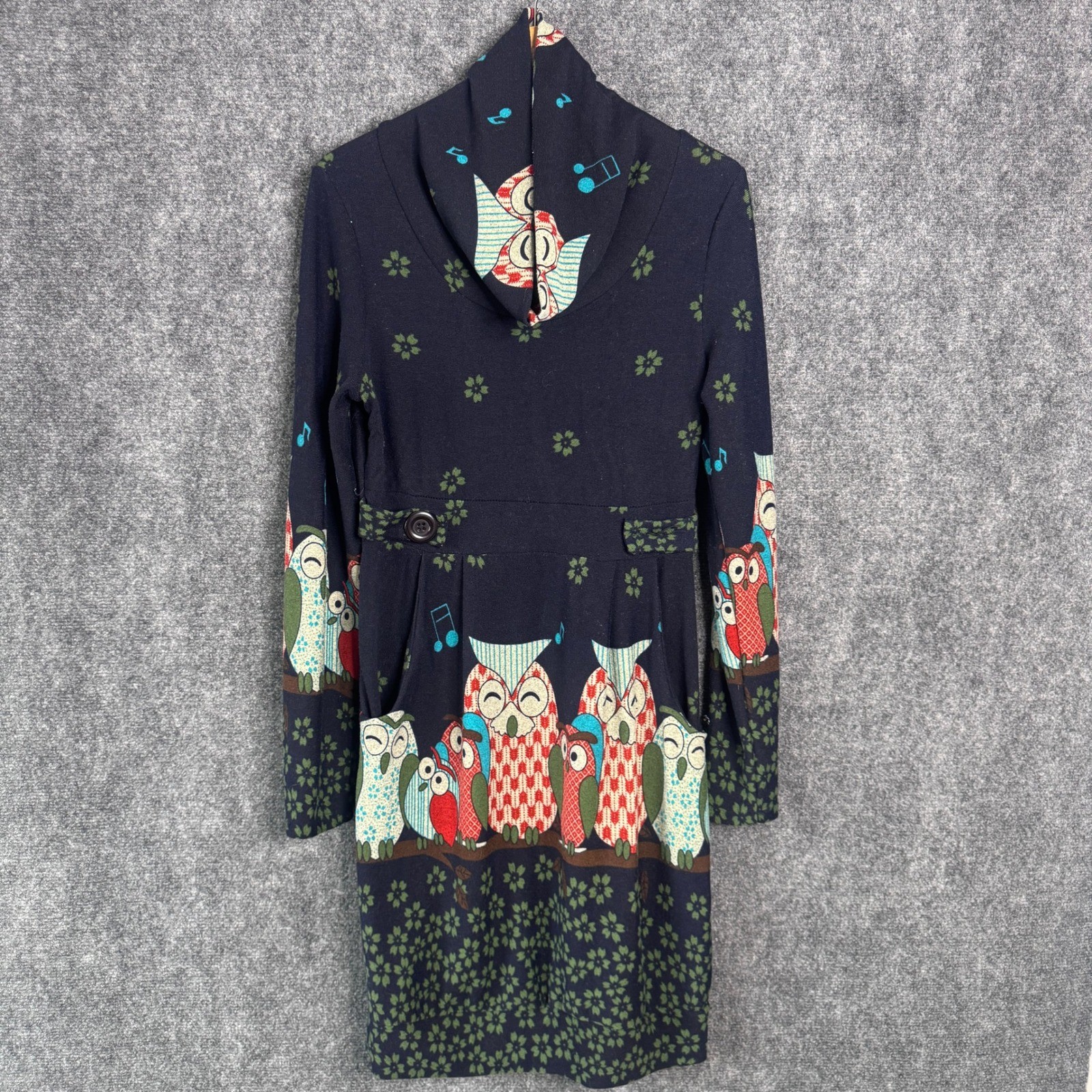 LA Soul Dress S Women Blue Owl Print Cowl Neck Knit Unique Teacher Artsy Novelty