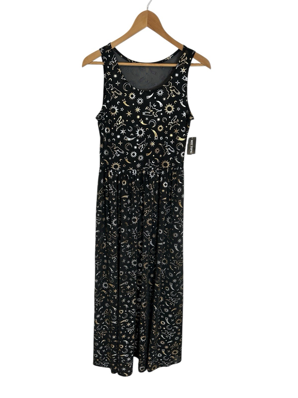 Cosmic Aura Astrology Celestial Stars Moon Foil Mesh Maxi Dress Sz M Black Gold