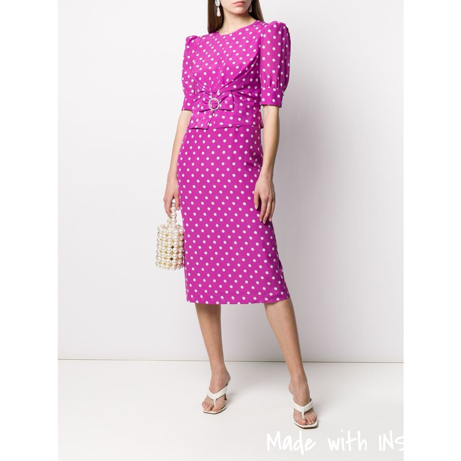 Alessandra Rich Pink & White Polka Dot Print Silk Dress