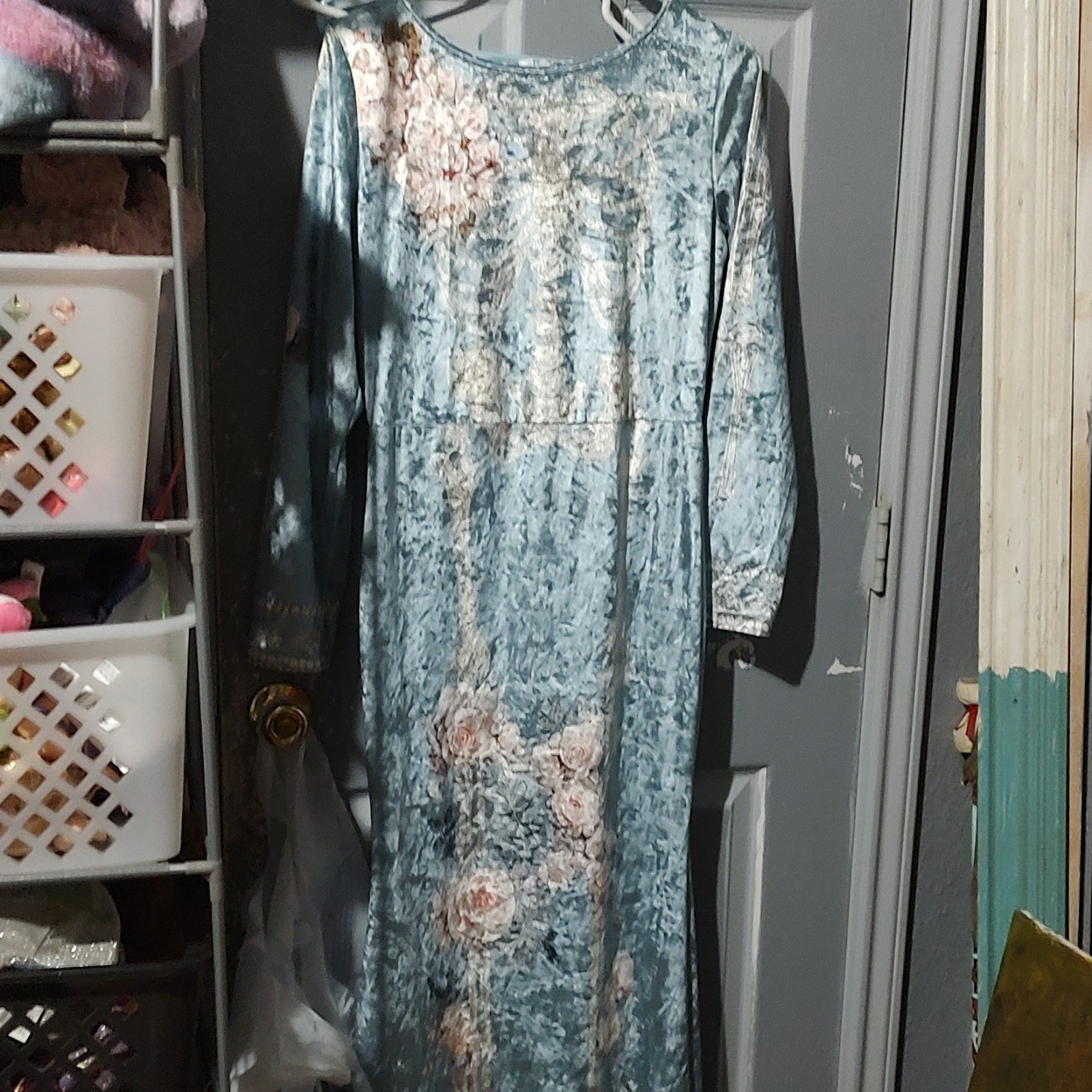 Blue Velvet Floral Skeleton Print Maxi Dress Women M Round Neck Long Sleeve