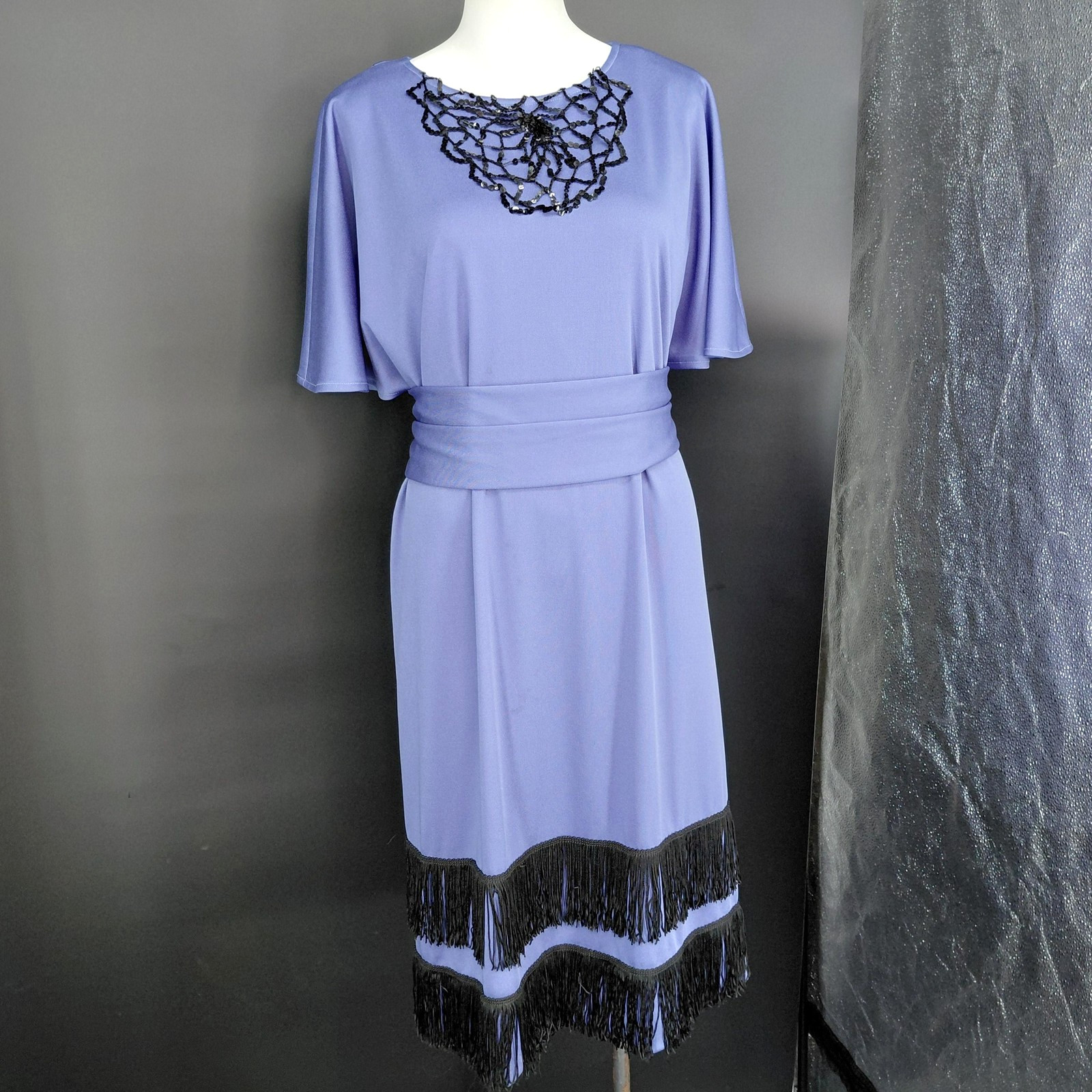 Antique 1920s Flapper Shift Dress Womens Medium Purple Fringe Belt Beaded Gatsby
