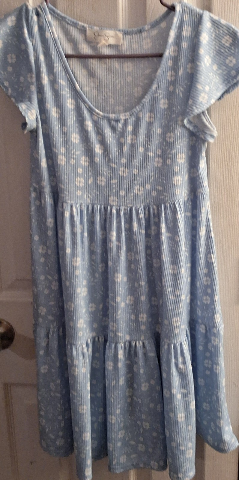 Jessica Simpson Blue/White Floral Babydoll Scoop Neck Cap Sleeve Dress S