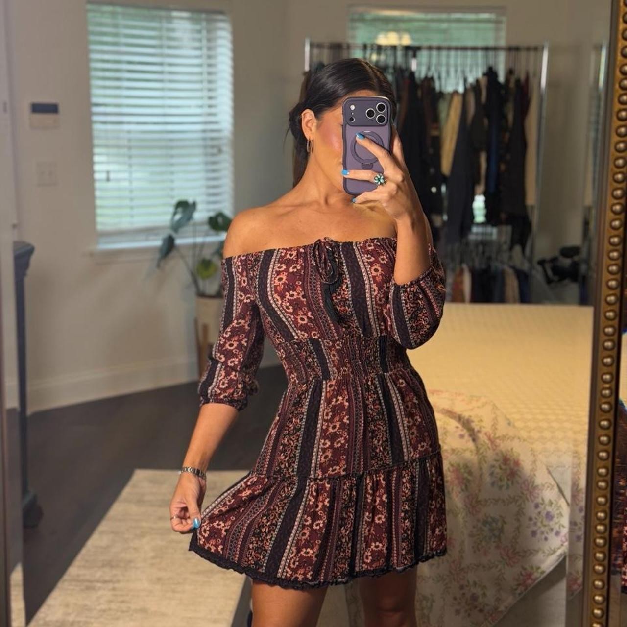 100% Rayon Boho Off Shoulder Floral Mini Dress Festival Cottagecore Size S