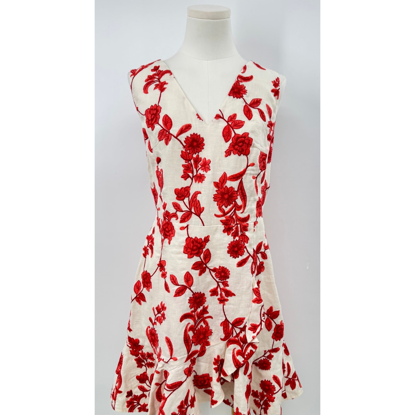 Rebecca Taylor Scarlet White Red Floral Linen Dress Embroidered Ruffle 10 NWT