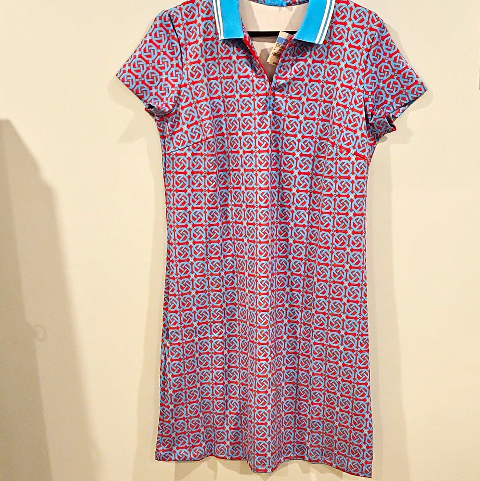 J.McLaughlin Blue/Red Geometric Collared Zip Shift Knee Dress L