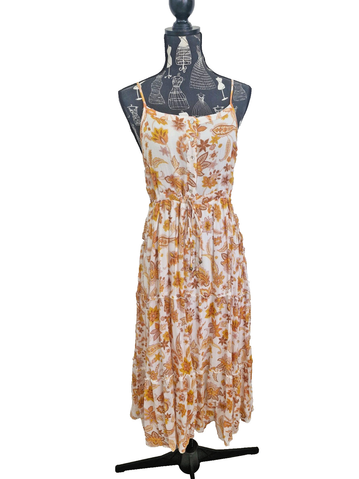 Ghanda Cotton Midi Dress Womens S White Orange Floral Button Tie Waist