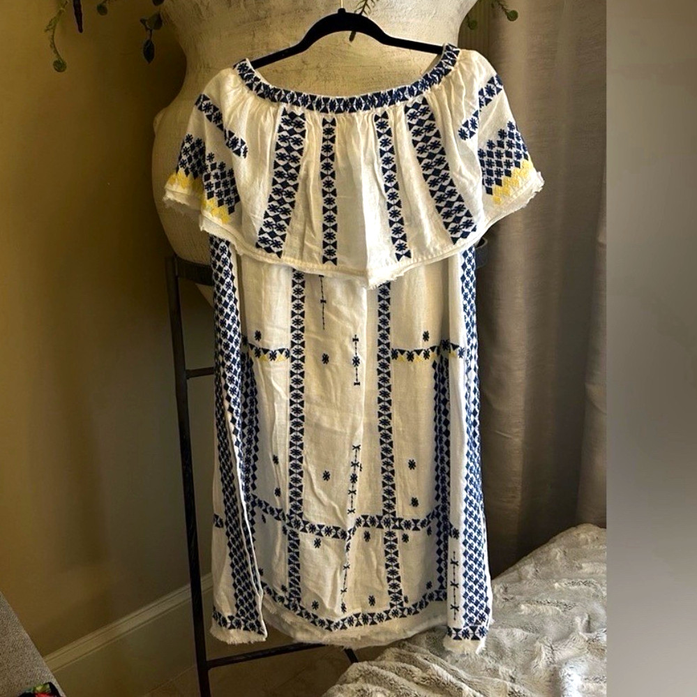 Free People Maxi Dress XS White Blue Yellow Embroidered Off Shoulder Pockets