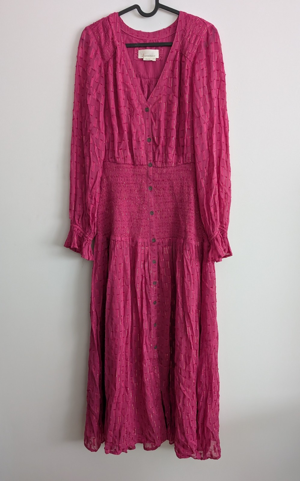 Anthropologie Smocked Long Sleeved Ruched Maxi Dress in Fuchsia Pink Size XS