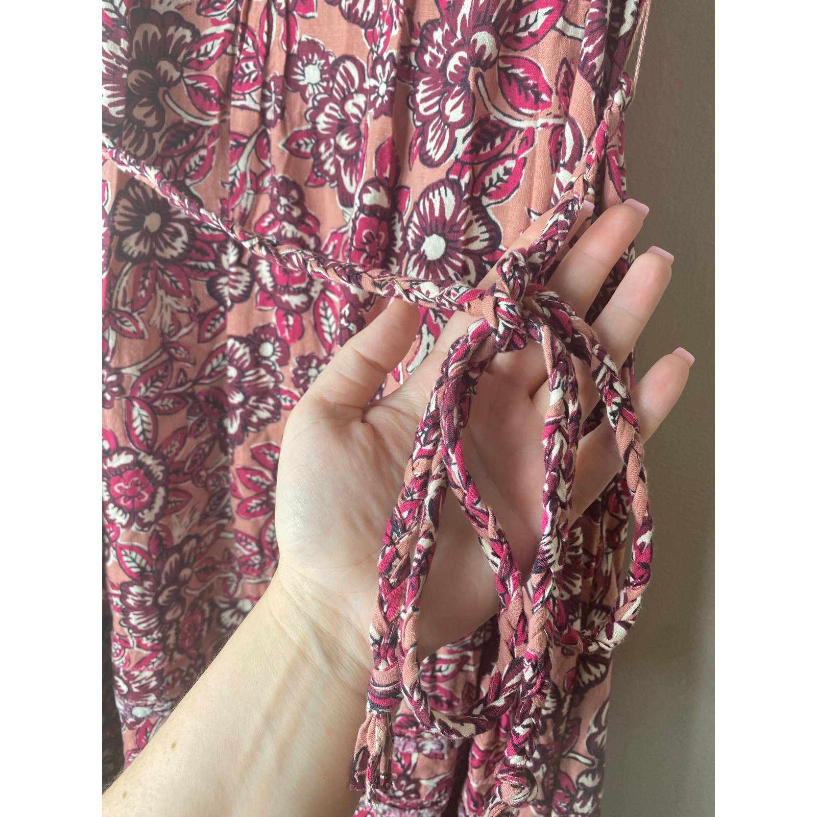 FAHERTY DRESS M ISHA LINEN FLORAL MIDI PINK COTTAGECORE MILKMAID FALL BOHO
