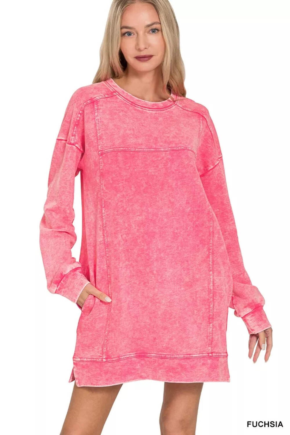 Zenana Women 100% Cotton Pink French Terry Acid Washed Pocket T-Shirt Dress