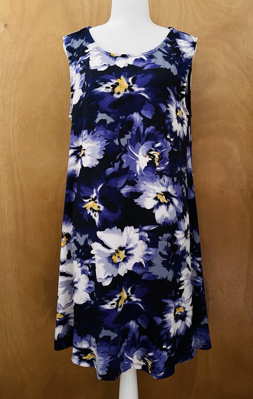 Purple-white Sleeveless Floral A-Line Dress. Polyester. Mini. Size XL