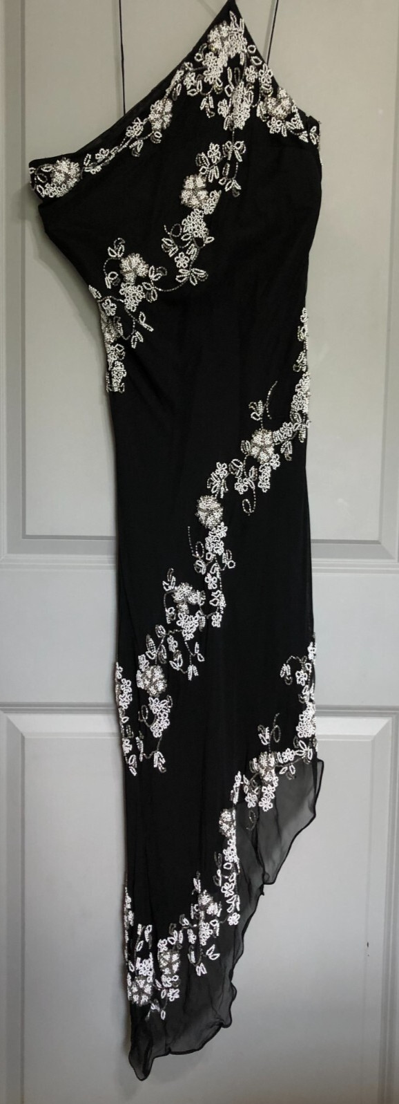 Vintage SCALA 100% Silk Beaded Dress Black Floral Asymmetric Hem Prom Formal L.