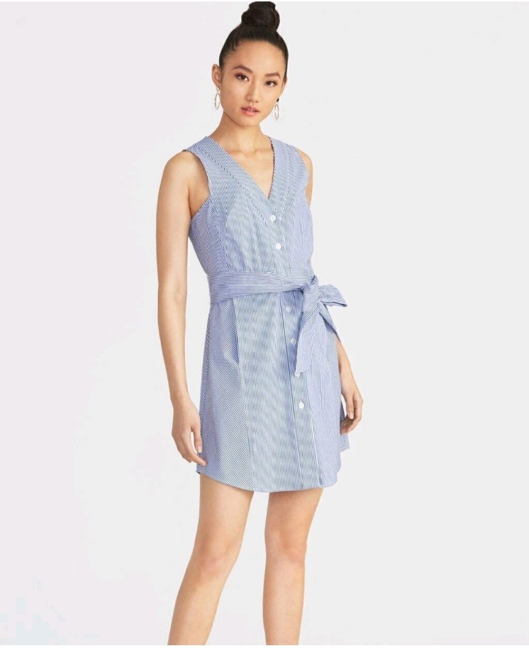 Womens Shirt Dress Sleeveless Cotton Blue & White Striped Button Front Sz 12