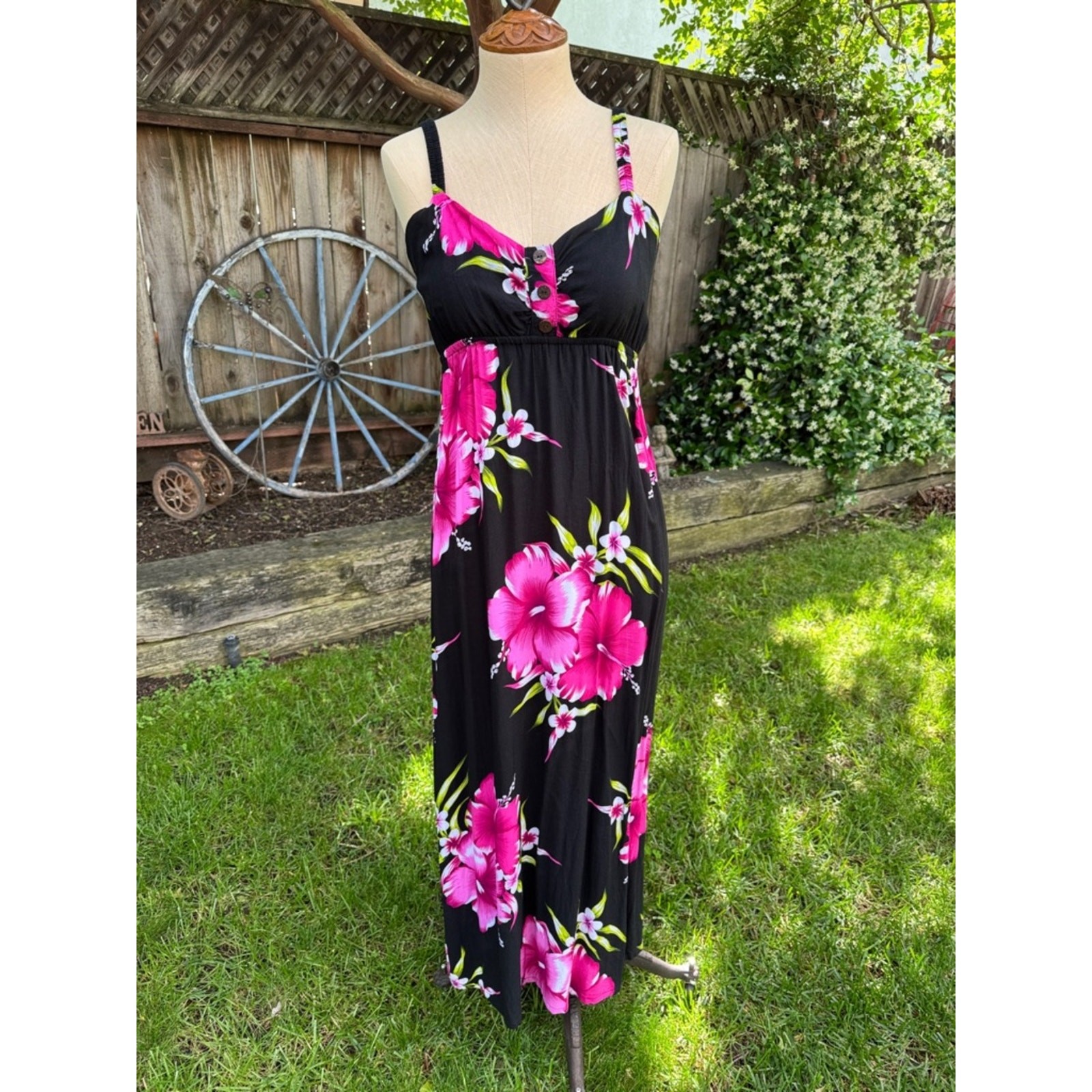 Aloha Fashion Black Maxi Dress with Pink Floral Print Women’s O/S