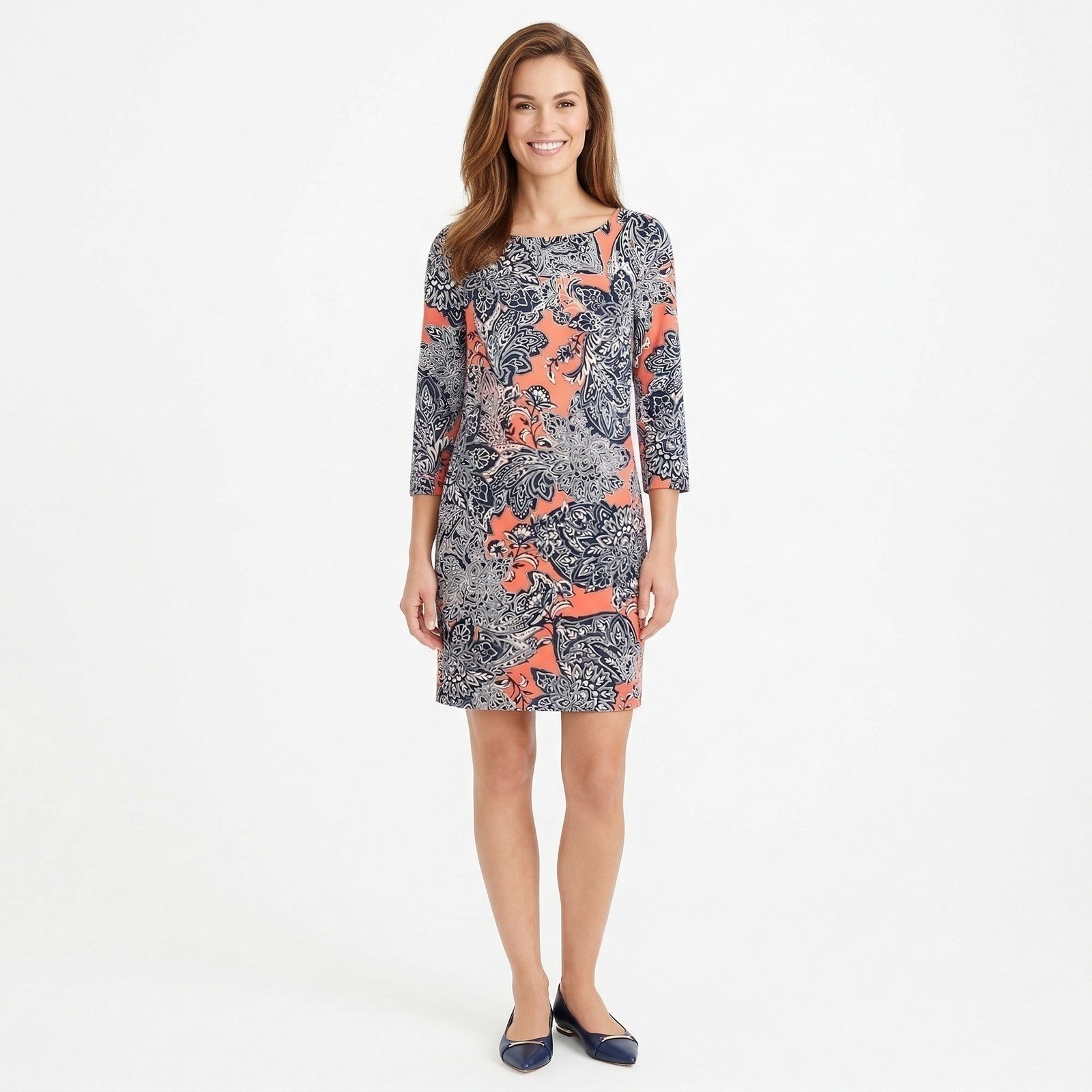 The Limited Womens Paisley Floral Shift Dress 3/4 Sleeve Coral Navy Blue XS