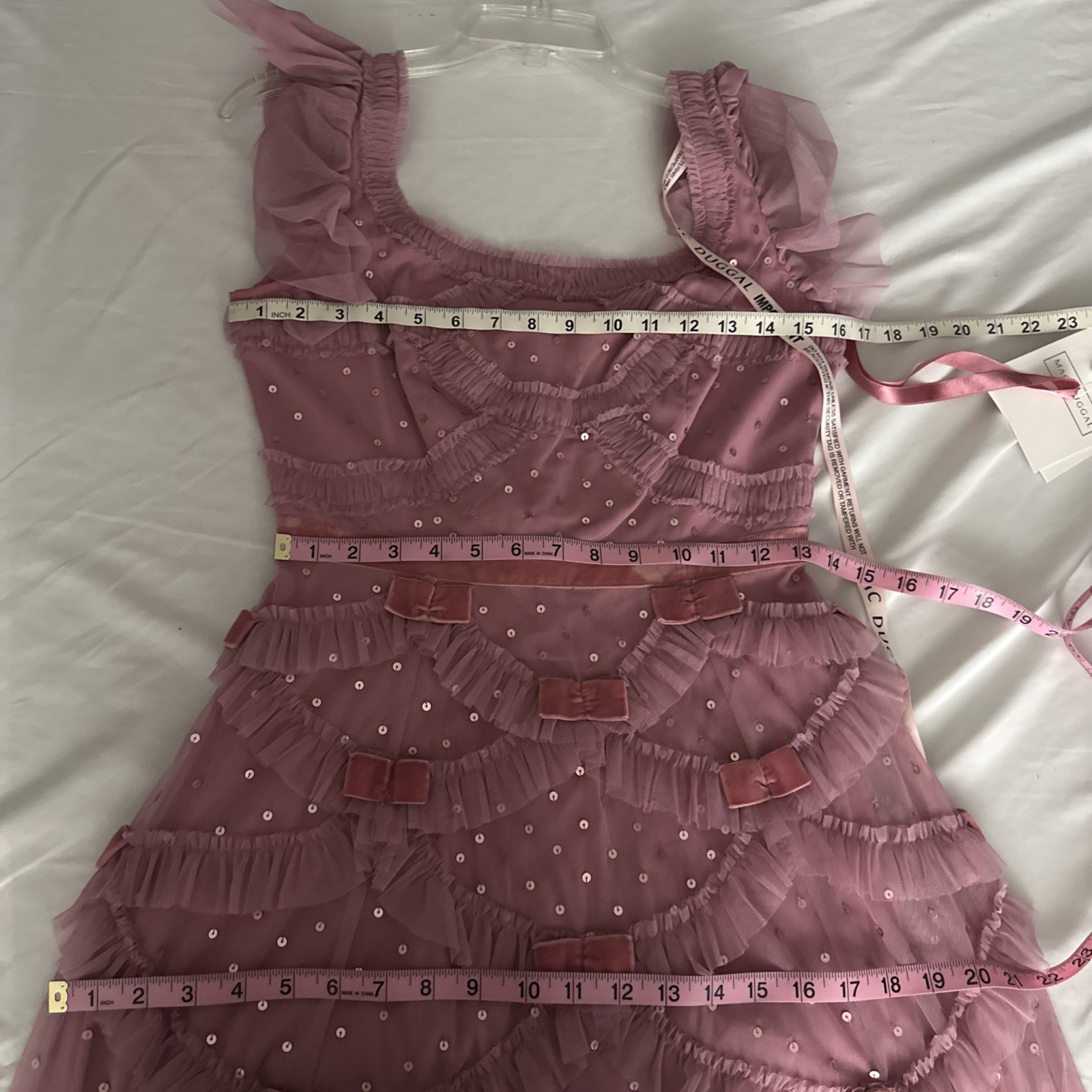 NWT Mac Duggal [ 4 ] 8272 Flutter Sleeve Lattice Bow Mesh Ruffle Mid Dress J2403
