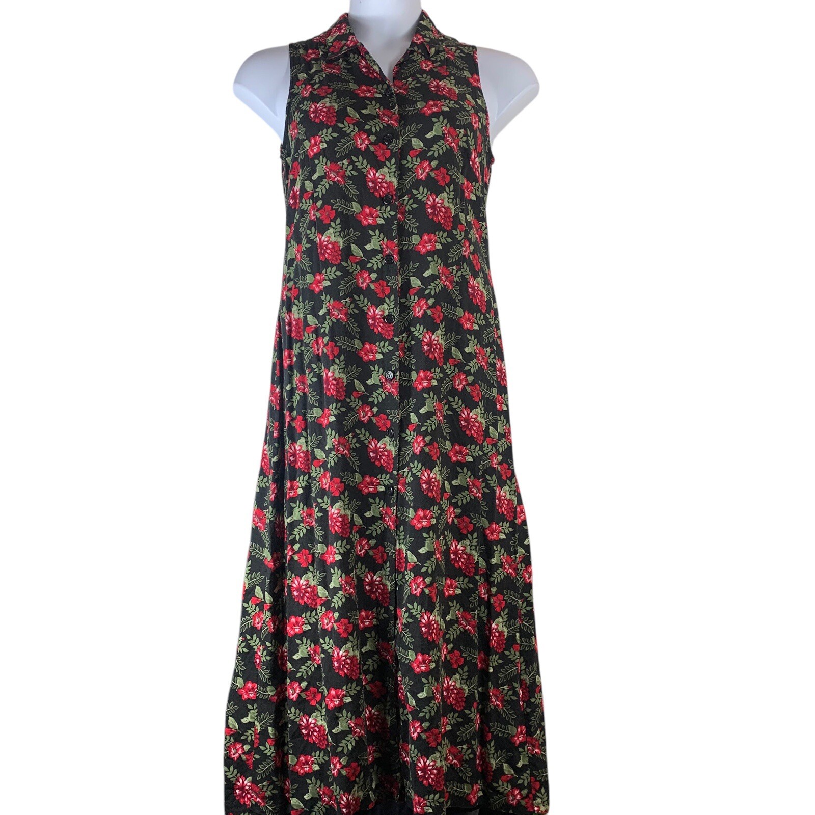 Vintage Dress Size Medium Black Red Green Sleeveless Button Up Basic Editions