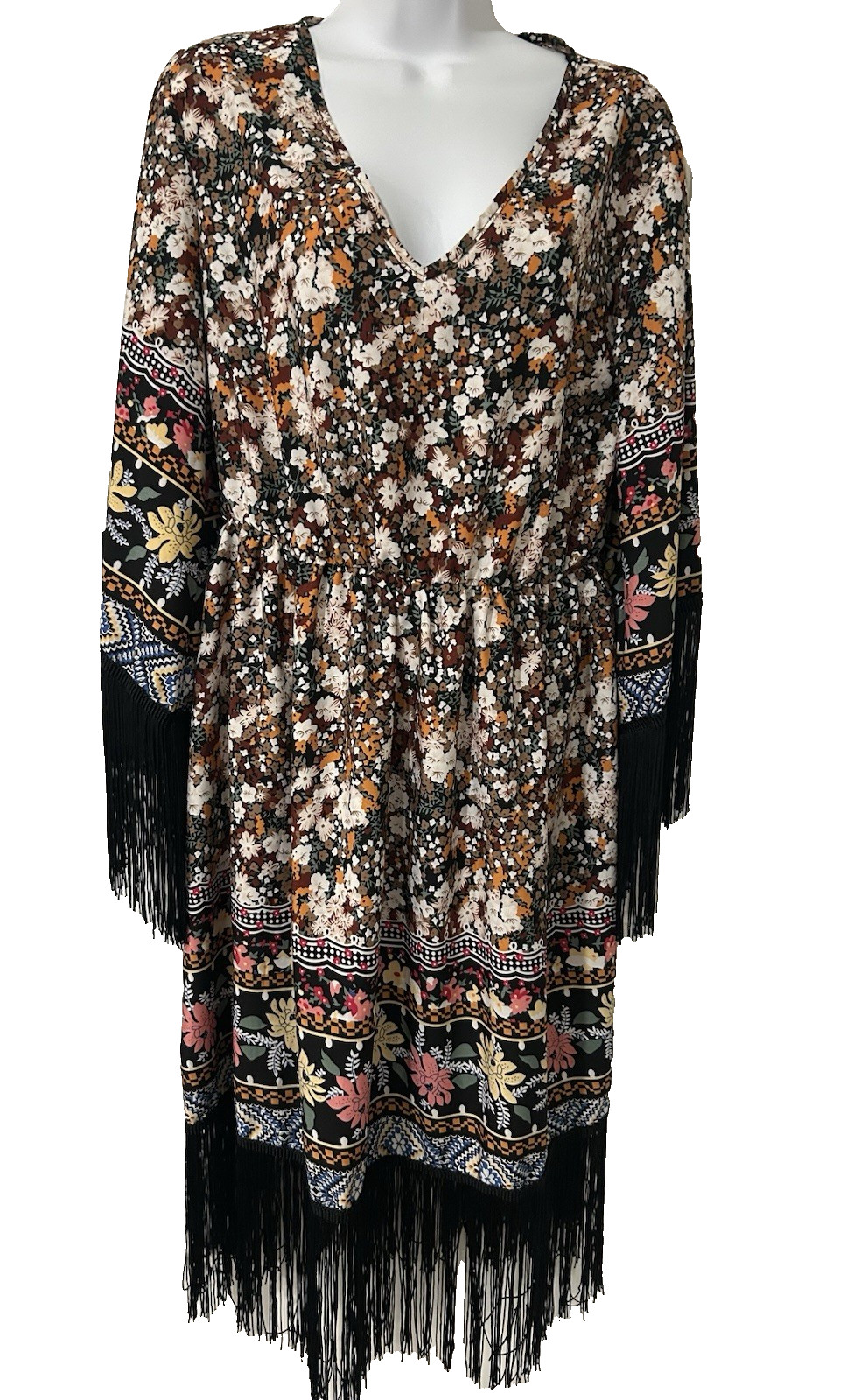 Boho Festival Fringed Fit & Fair Dress ~Sz L~Black Floral Bell Slvs Retro 70s