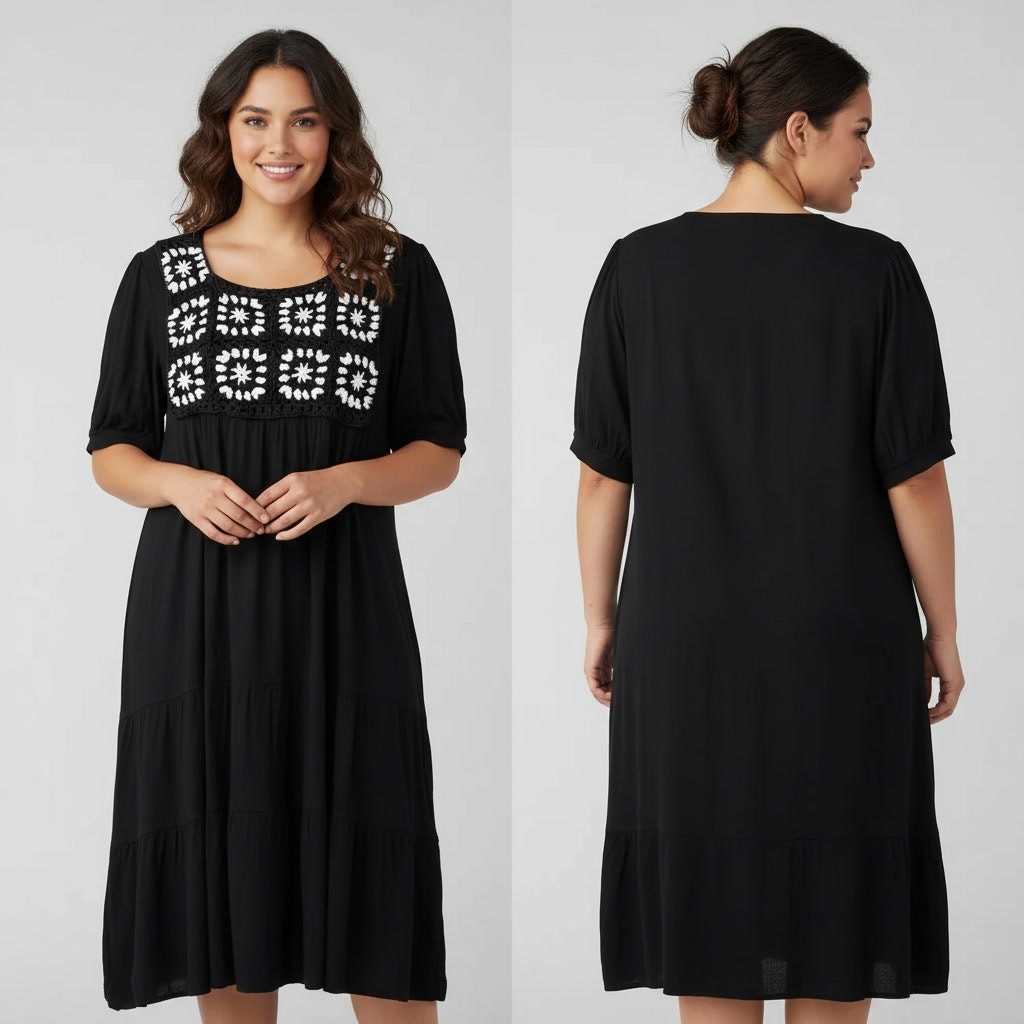 1329 – Cactus & Pearl‎ Prairie Granny Black White Crochet Gauze Midi Dress Small