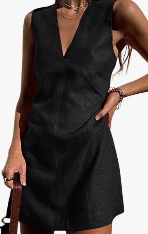 CHARTOU Black Cotton Linen Solid A-Line Mini Dress M Sleeveless V-Neck Zip