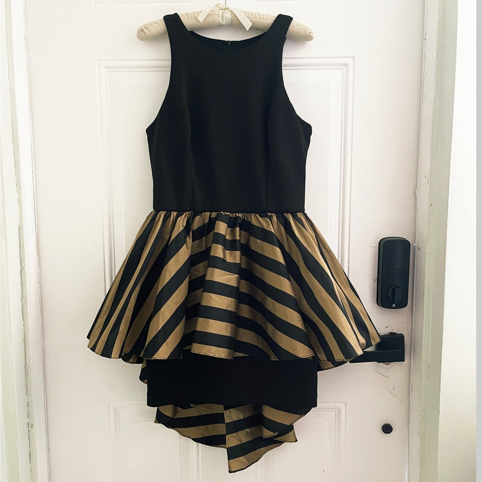 Alexia Admor NWT Made in USA Gold Black Striped Hi-Low Peplum Cocktail Dress M
