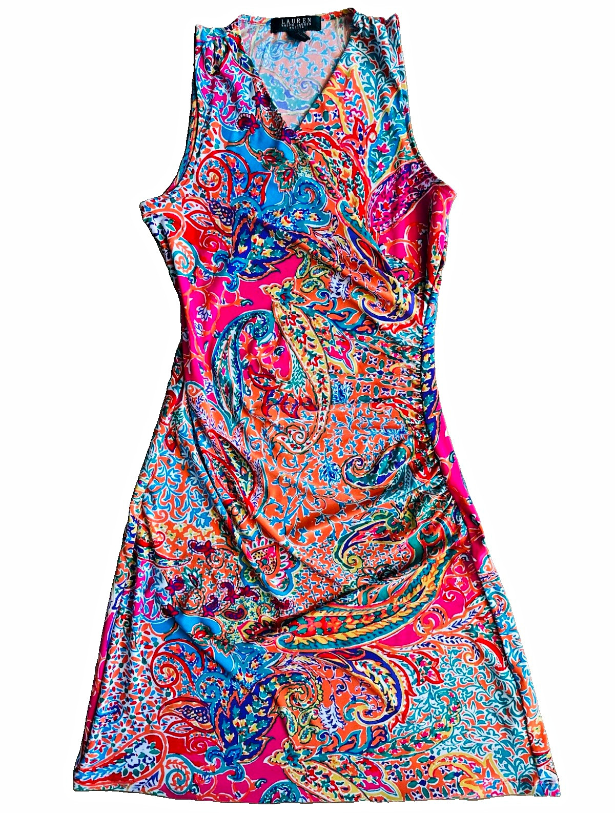Lauren Ralph Lauren Petites 4P Multicolor Paisley Sheath V-Neck Ruched Dress