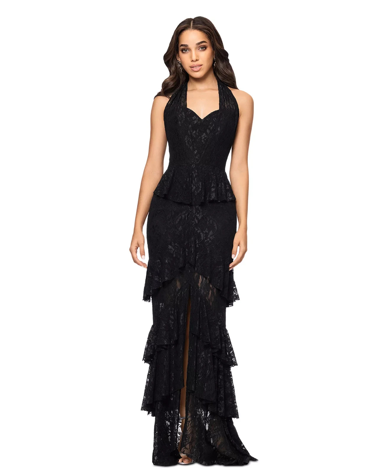 Betsy & Adam Womens Ruffle Tiered Lace Gown Size 6 Black