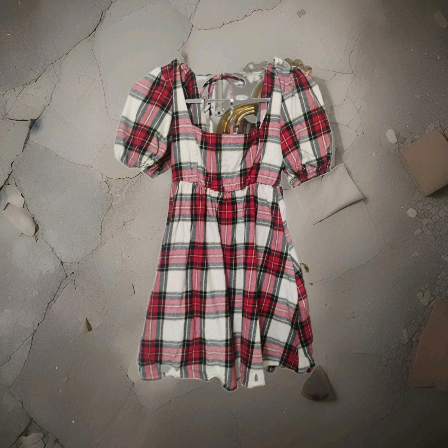 Show Me Your MuMu Plaid Mini Dress XS Cotton Smocked Puff Sleeve Square Neck