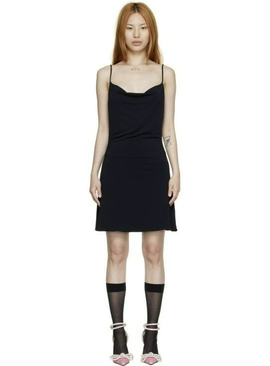 Mach & Mach Viscose Black Slip Dress Mini Crystal Bow Straps 90s Wedding Guest