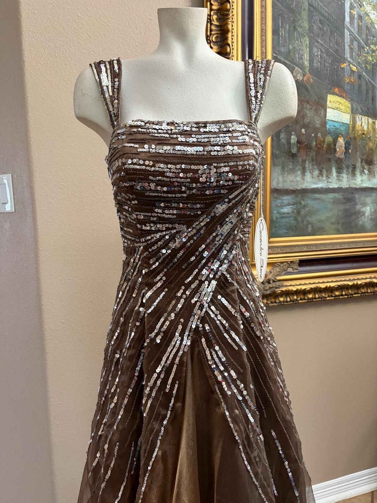 Cassandra Stone Brown Sequin Formal Long Gown Square Neck Sleeveless Size 6