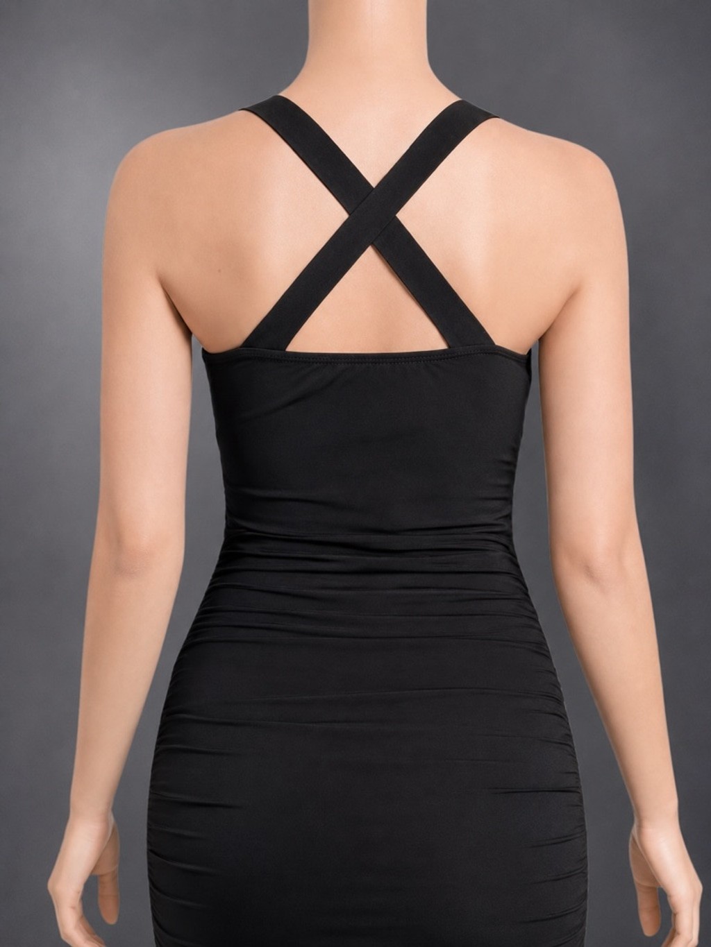 Black Ruched Bodycon Mini Dress with Criss-Cross Back & Double Zipper Detail