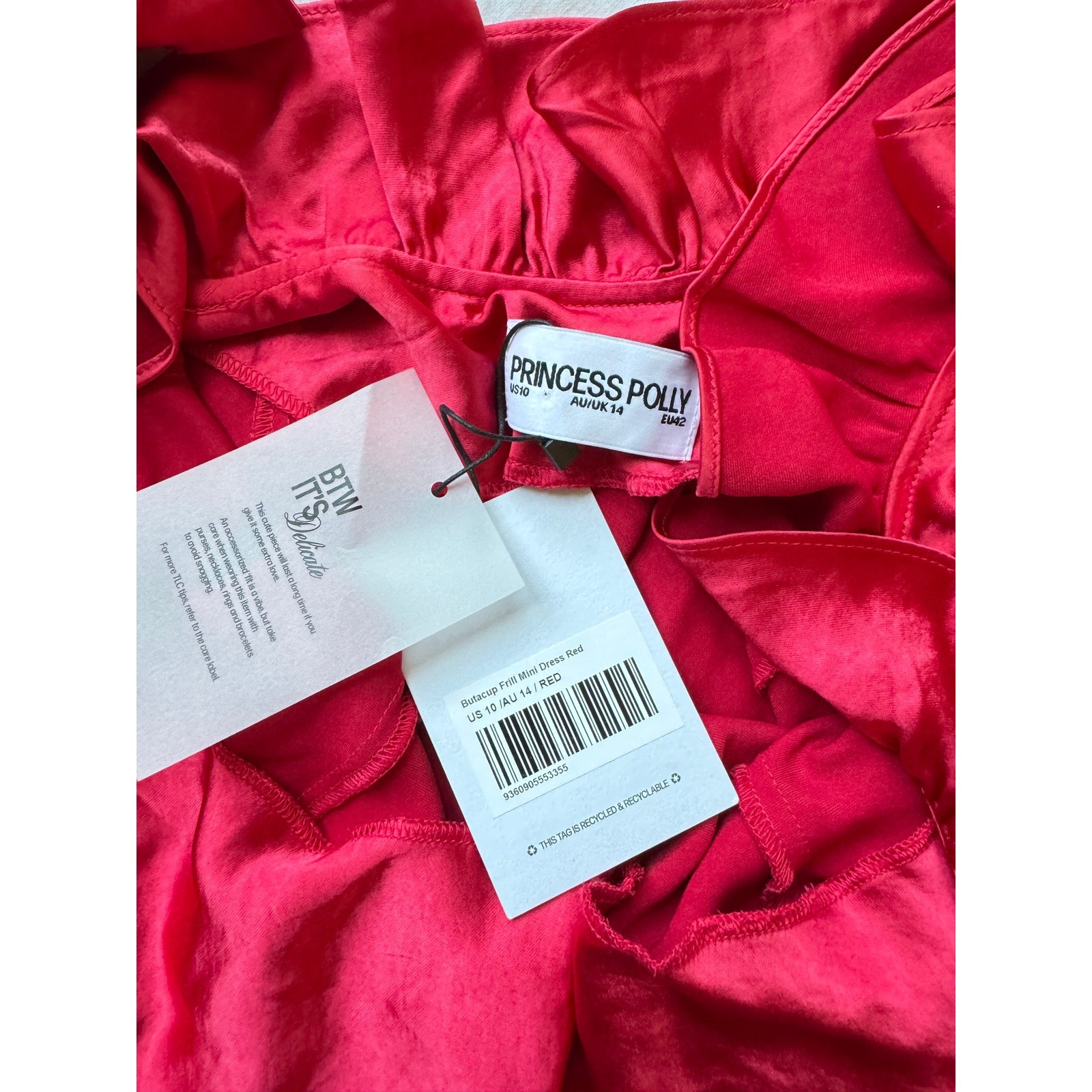 Princess Polly Butacup Frill Mini Dress Red Satin Ruffle V-Neck US 10 NWT