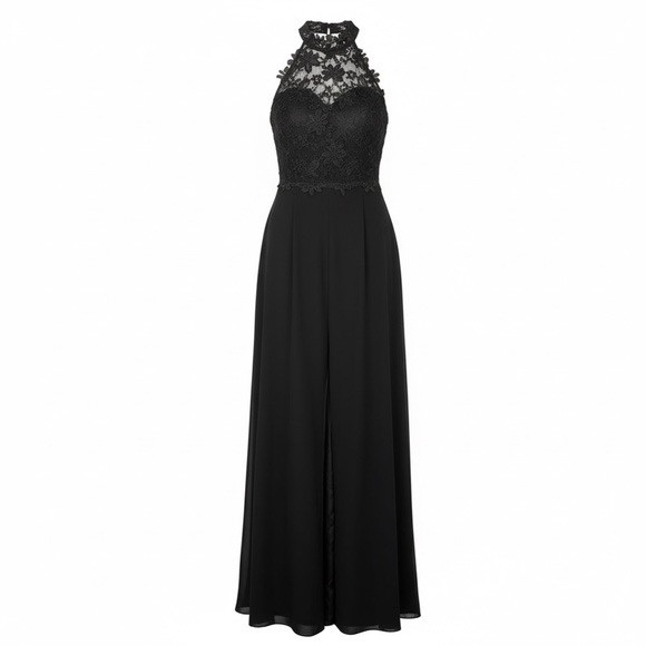 The Vintage Shop Dress Appliqué Halter Sleeveless Split Black Lace Romper Dress