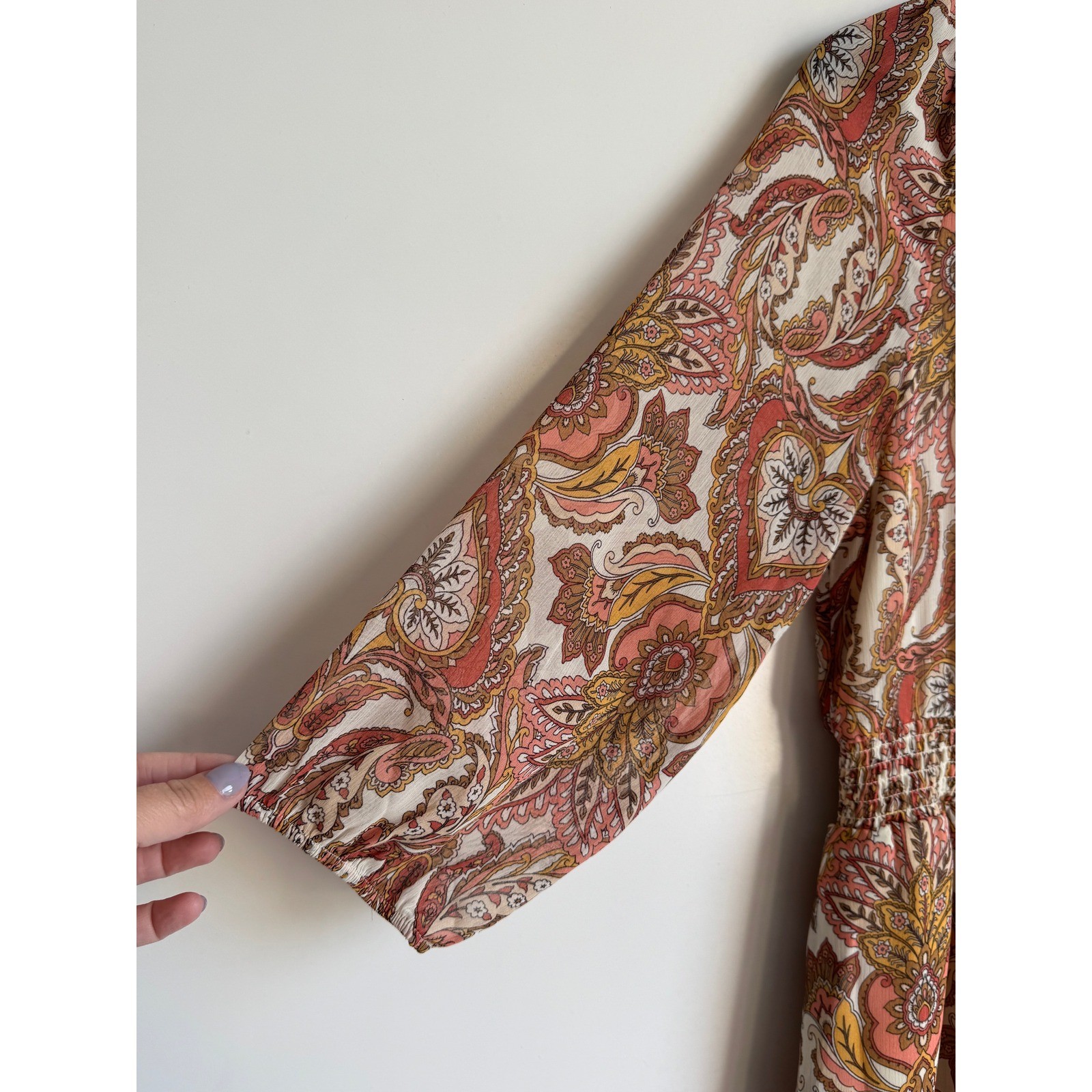 Soft Surroundings Petite Medium Paisley Midi Dress Coral Smocked Waist 3GL71 PM