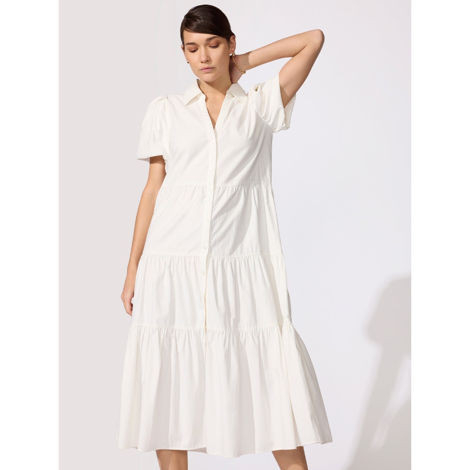 Brochu Walker The Havana Midi Shirt Dress White Puff Sleeve Tiered Cotton Small