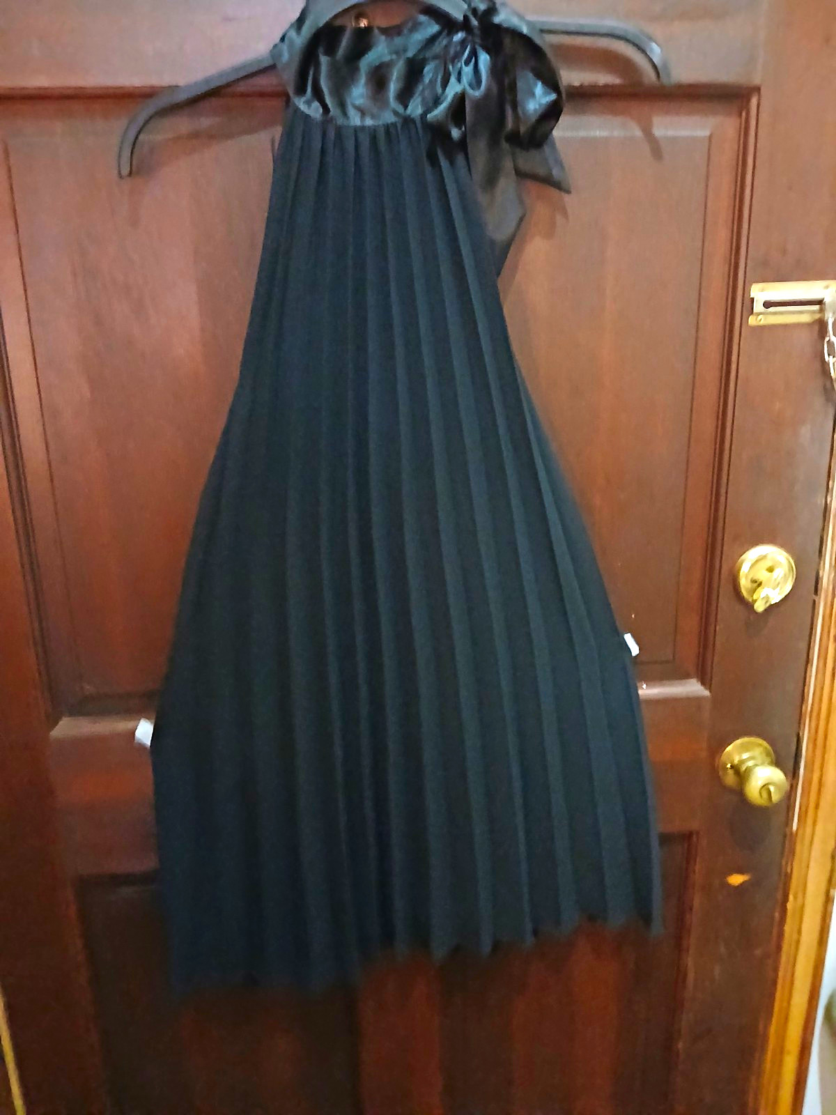 Black Pleated Pull On Midi Skirt Satin Waist Bow High Rise Solid Polyester XS