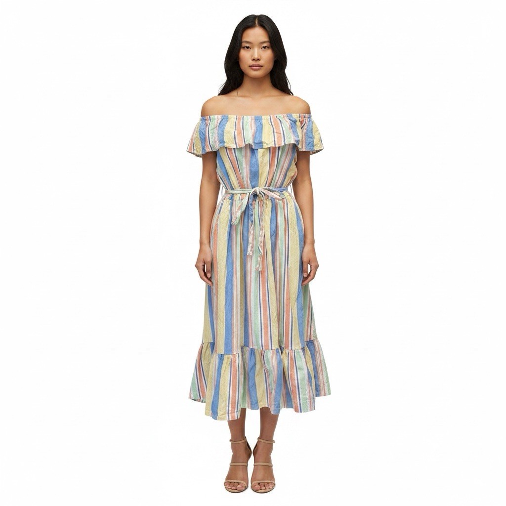 Draper James RSVP Off Shoulder Ruffle Sleeve Midi Dress Size M Medium Stripe