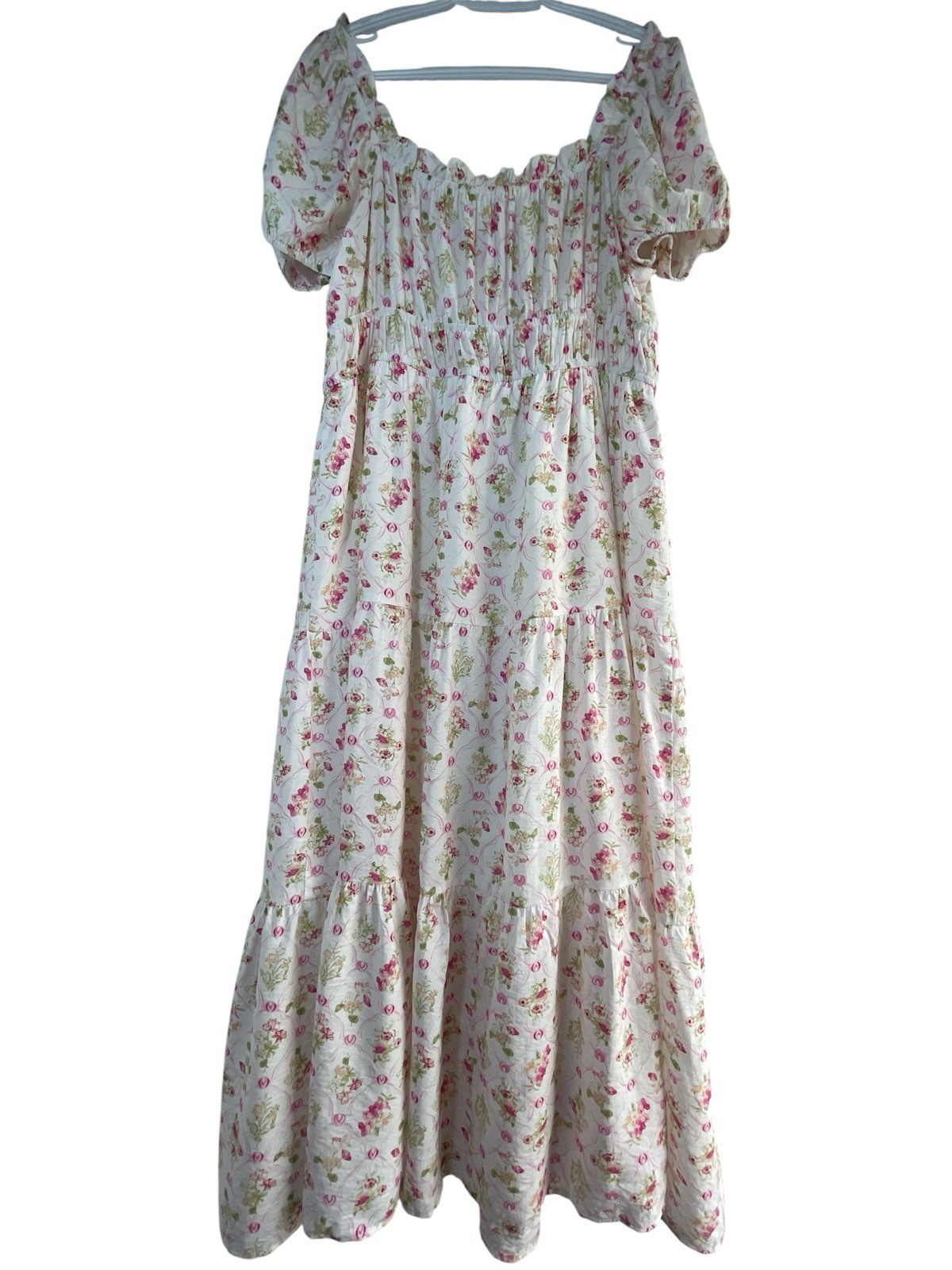 Perch by Blu Pepper Floral Maxi Dress Puff Sleeve Square Neck Tie Pockets 1X