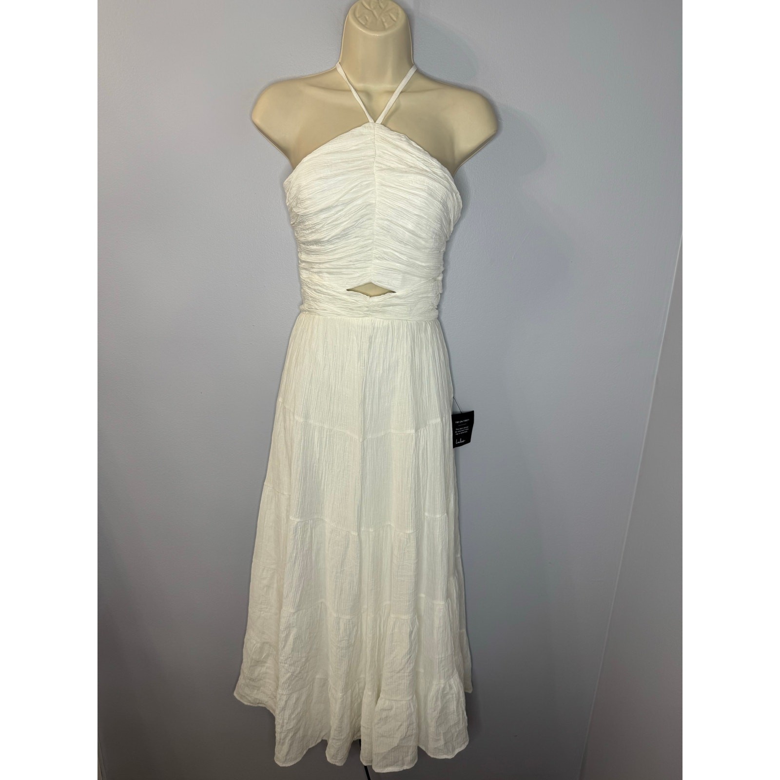 Lulus Effortless Sweetness White Ruched Lace-Up Tiered Midi Dress Bridal Shower