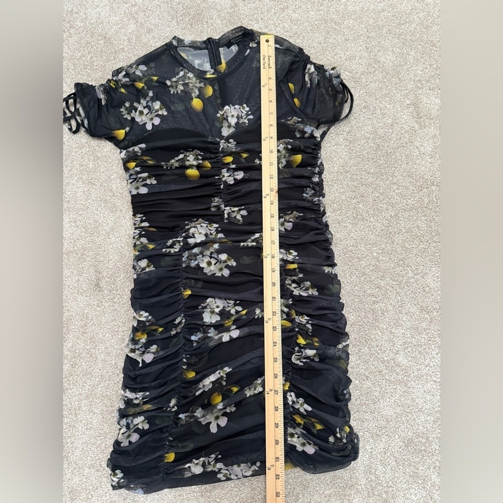 AllSaints – Giorgia Eugenia Floral Lemon Print Minidress w Ruching – size 6